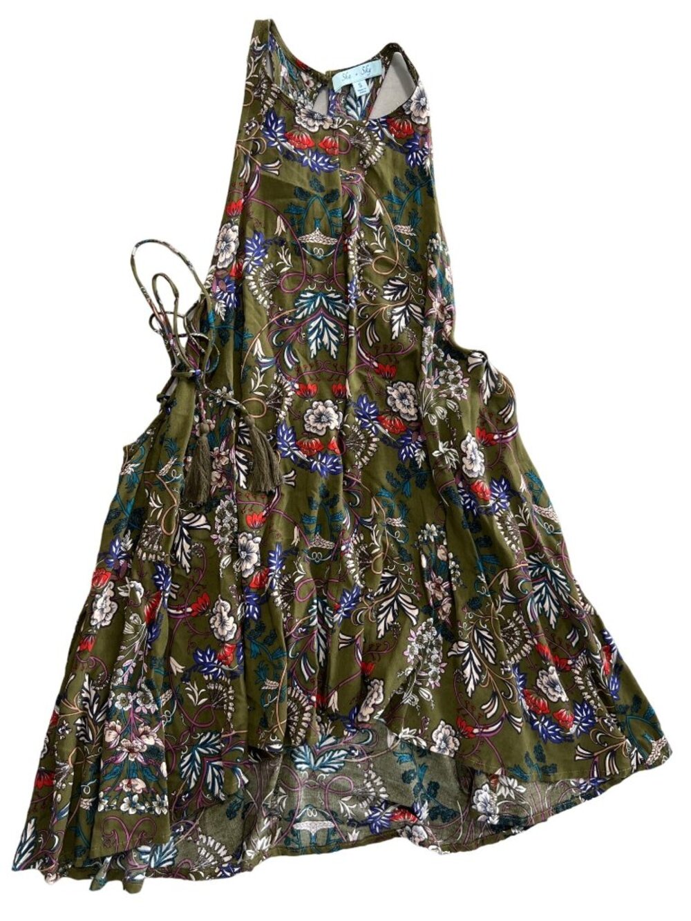 She & Sky Midi Dress Size Small Green Floral Lace Side Tank Keyhole High Low